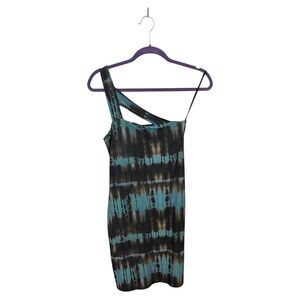 One-Shoulder Teal and Black Tie-Dye Mini Dress